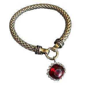 Nine West Signed Bracelet with Red Crystal Charm Gold Tone Faded Vintage Stretch